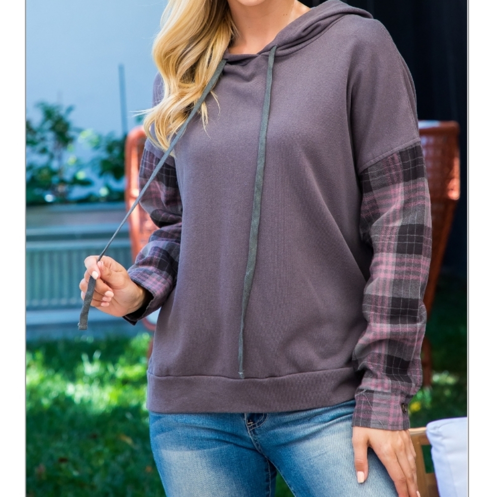 Blu B Charcoal Hoodie with Plaid Flannel Sleeves